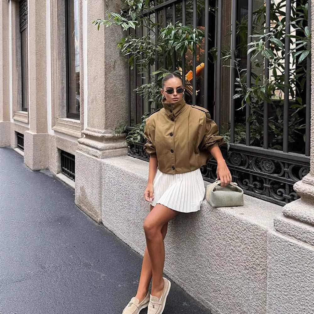 Women Cropped Trench Coat with boxy silhouette, epaulettes and pleat details Mune Fashion