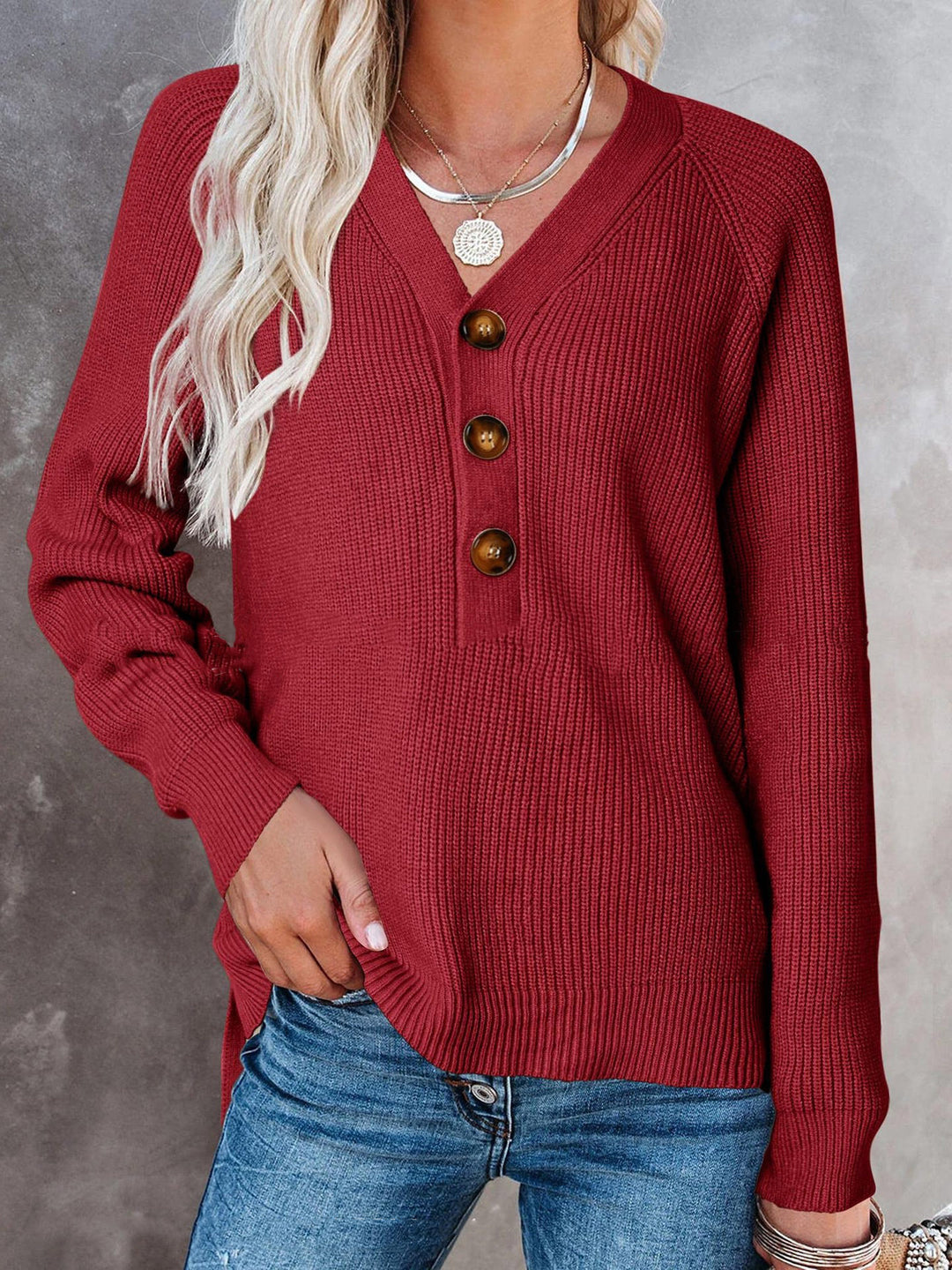 Women's Ribbed Knit Sweater with V-Neck, Decorative Button Placket and Balloon Sleeves Mune Fashion