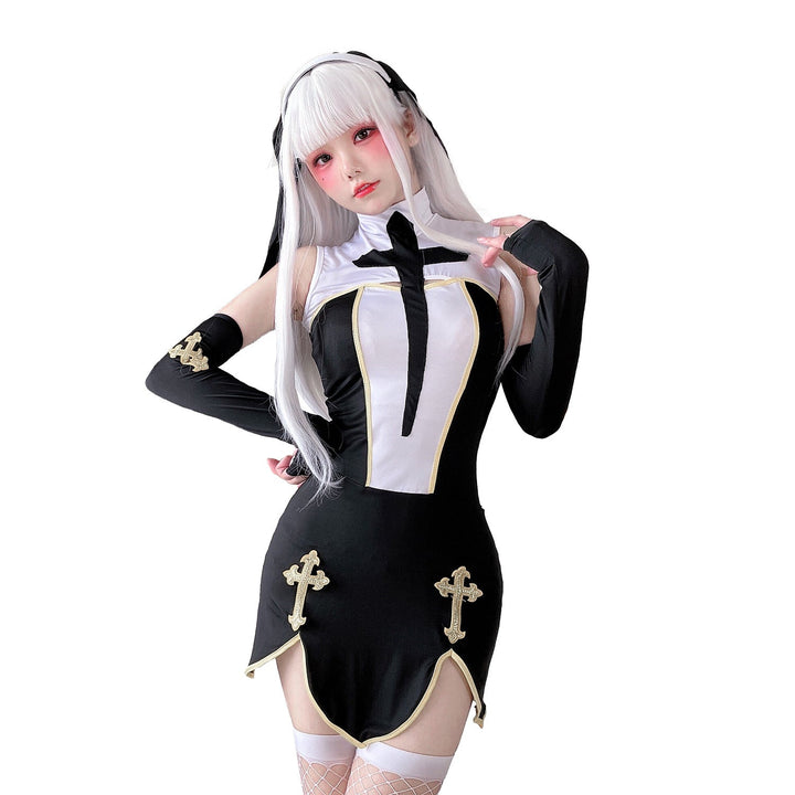 Women's Gothic Mini Dress with Lace Sleeves and Cross Details Mune Fashion