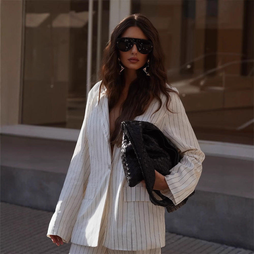 Women's Two-Piece Pinstripe Suit Set with Oversized Blazer and Wide Pleated Trousers Mune Fashion