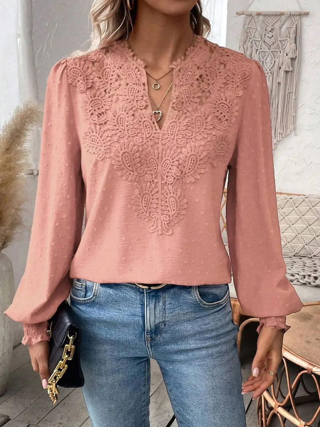 Women blouse with v-neck lace appliqué, structured dot, gathered cuffs and slightly tailored silhouette Mune Fashion