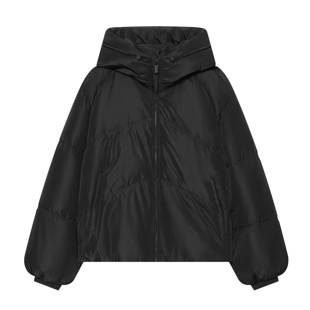 Women Short Cut Padded Oversize Quilted Jacket with High Stand-Up Collar and Hood Mune Fashion