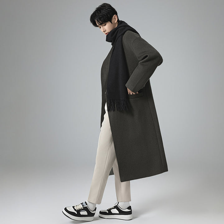Men's maxi-length wool blend overcoat in oversized fit with wide shawl collar and decorative belt Mune Fashion
