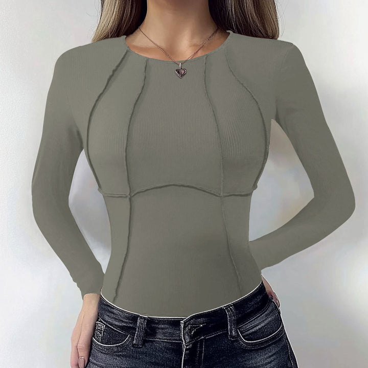 Women's fitted ribbed top in corset look with decorative stitching and round neckline Mune Fashion