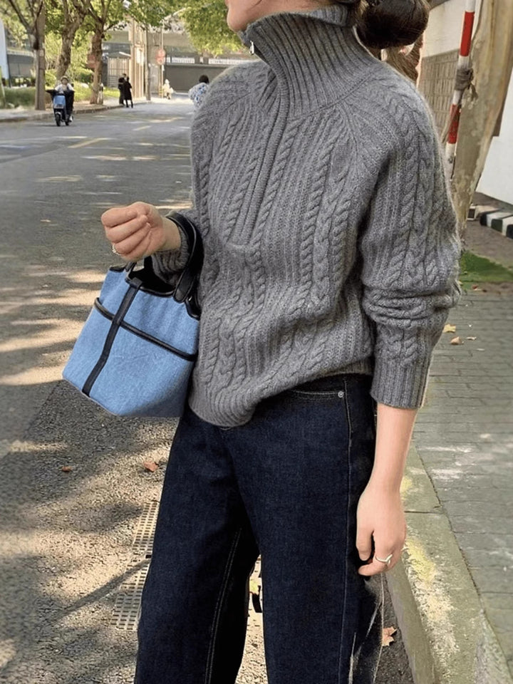 Ladies cable knit polo collar sweater with half zipper and soft mohair look Mune Fashion
