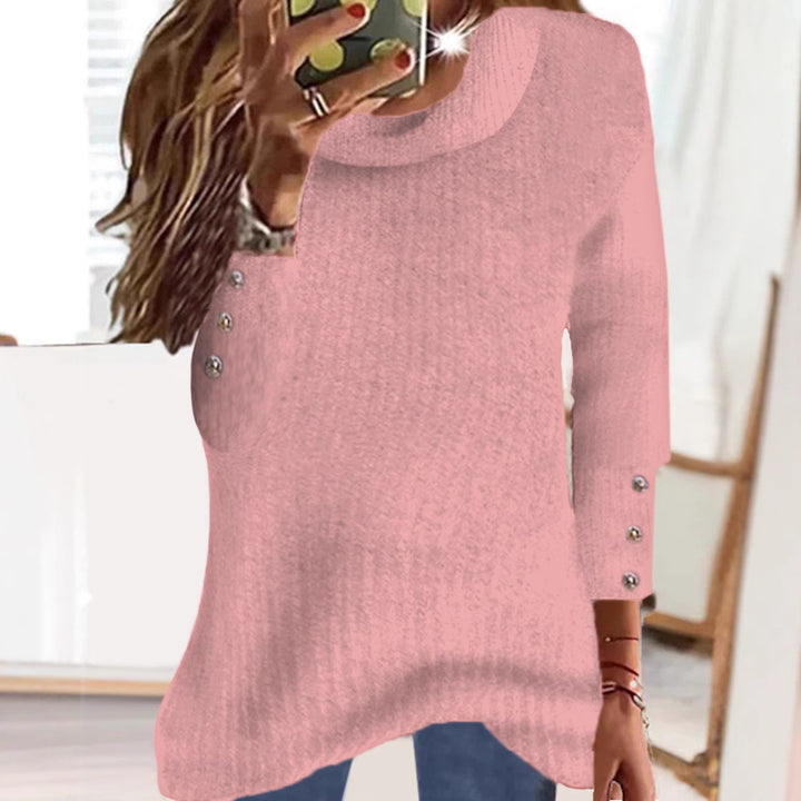 Ladies Loose Fine Knit Sweater with Round Neck and Decorative Button Placket on the Sleeves Mune Fashion