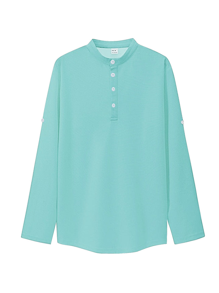 Women's oversized long sleeve Henley with stand-up collar waffle texture and sleeve fastening Mune Fashion