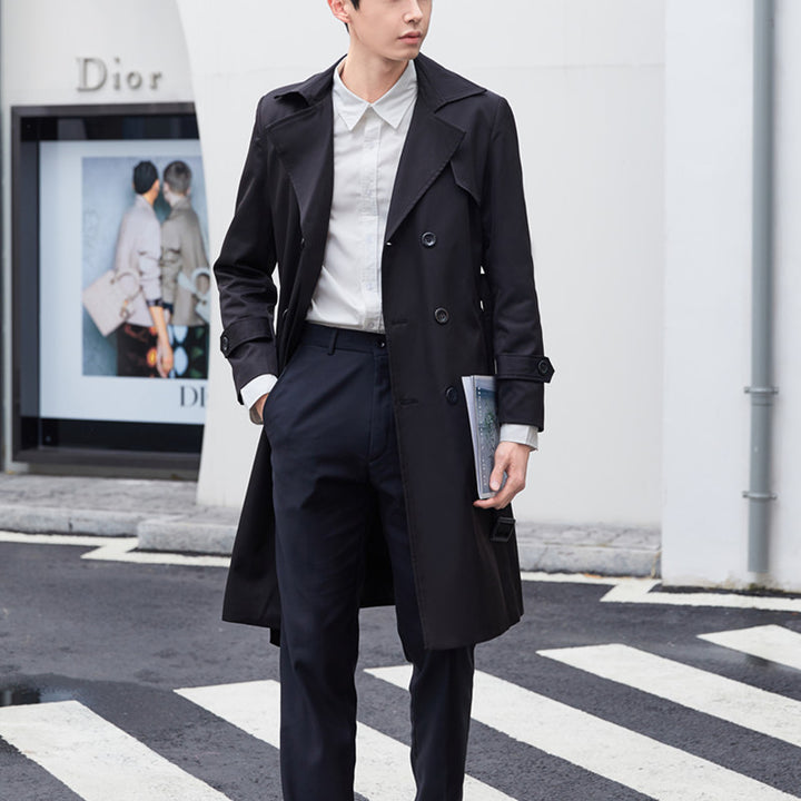 Men's elegant fitted trench coat with double button placket and tie belt Mune Fashion