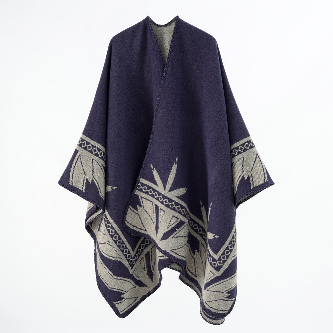 Women's Coarse Woven Poncho Cape made of Wool Blend with V-Neck and Ornamental Jacquard Mune Fashion
