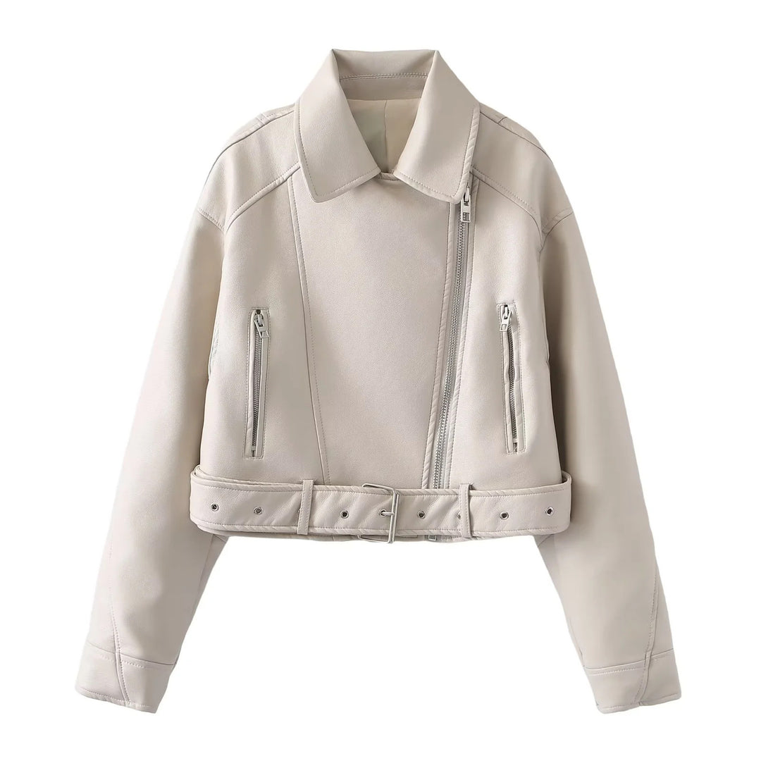 Ladies nan short biker jacket made of vegan leather imitation with asymmetric zipper, waist belt and shoulder flaps Mune Fashion
