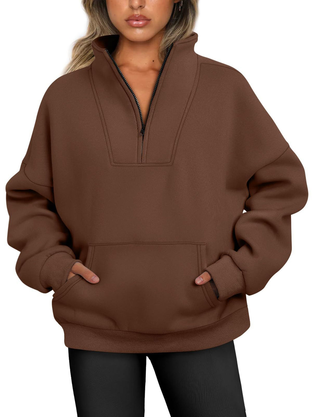 Women's oversized half-zip hoodie with high stand collar, kangaroo pocket, and ribbed cuffs Mune Fashion