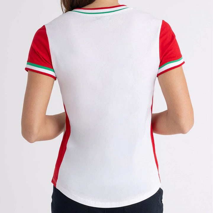 Women's fitted fan V shirt with flag patch, V-neck and contrast trim Mune Fashion