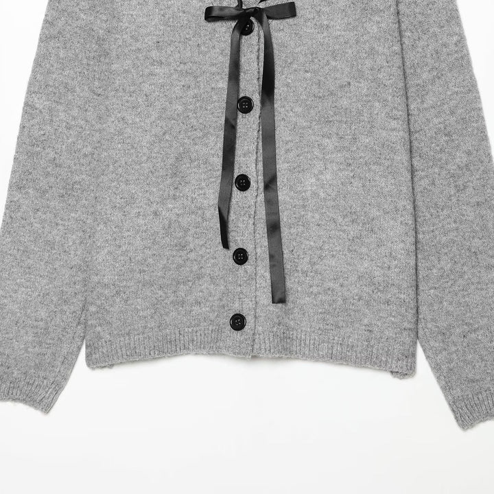 Women's Fine Knit Cardigan with V-Neck and Satin Band Trim Mune Fashion