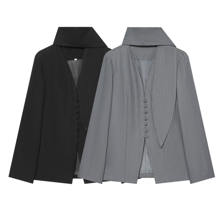 Ladies Tailored Short Blazer with High Stand Collar and Fabric Covered Button Placket Mune Fashion