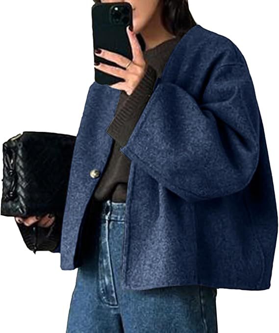 Women's cropped oversized wool jacket with boxy cut and single-button closure Mune Fashion