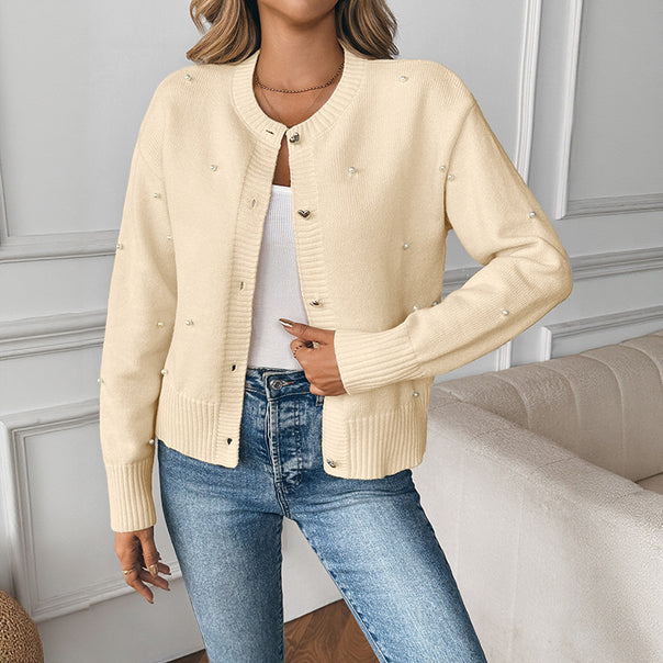 Women's Pearl-Embellished Knit Cardigan with Heart Buttons and Ribbed Hem Mune Fashion