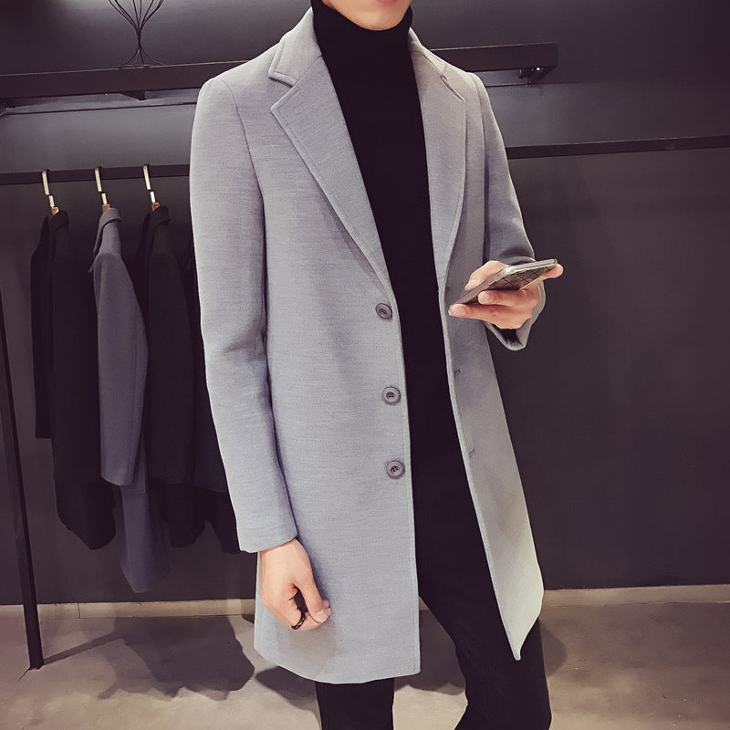 Men's elegant single-breasted coat made of wool blend with narrow lapels and warming lining Mune Fashion