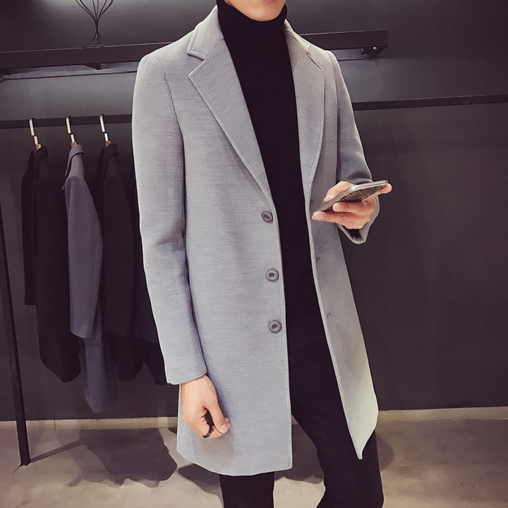 Men's elegant single-breasted coat made of wool blend with narrow lapels and warming lining Mune Fashion