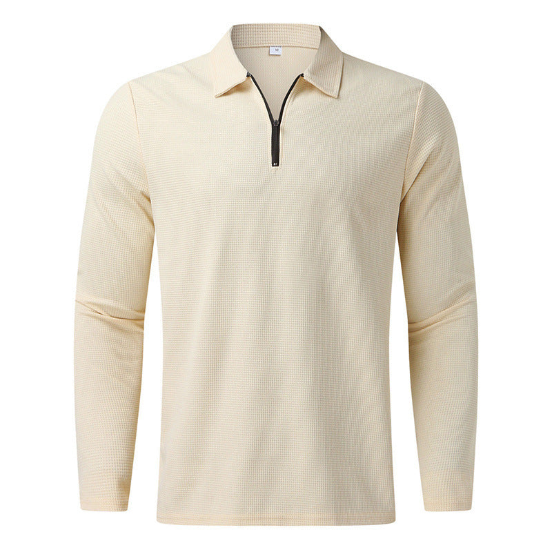 Men's long-sleeved polo shirt with kent collar, short front zip and fine waffle texture Mune Fashion