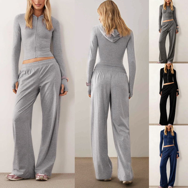Women Two-Piece Loungewear Set Ribbed Crop Hoodie with Zipper and Thumb Hole as well as Loose Sweatpants Mune Fashion
