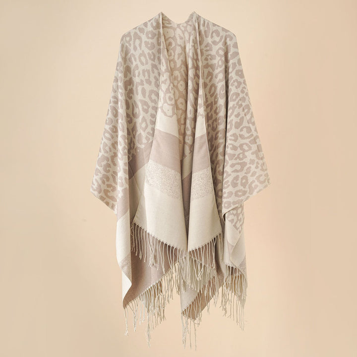 Women's Oversized Ruana with Leo Jacquard, fringes, and soft wool blend Mune Fashion