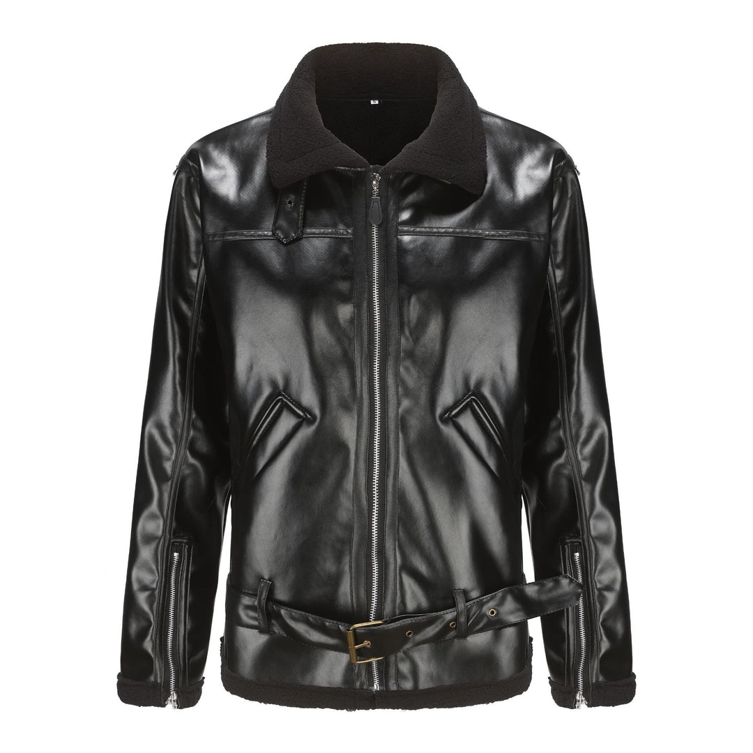 Men's faux leather aviator jacket with teddy lining, zip pockets, and waist belt Mune Fashion