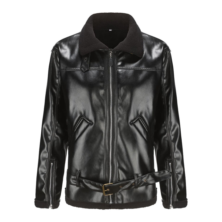 Men's faux leather aviator jacket with teddy lining, zip pockets, and waist belt Mune Fashion