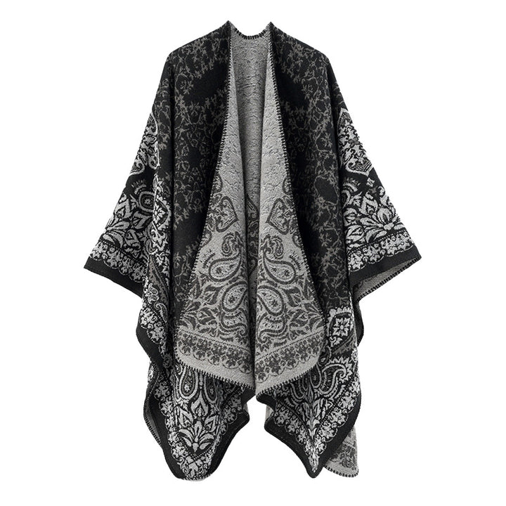 Women's overlay poncho in double-face jacquard with paisley inspiration and decorative stitch edge Mune Fashion