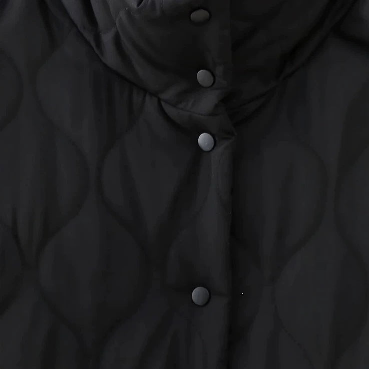 Women’s quilted jacket with stand-up collar and contrasting ruffled pockets Mune Fashion