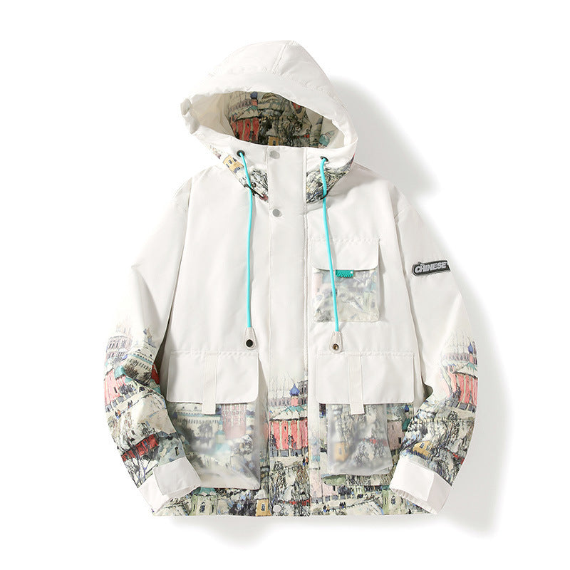 Unisex Hooded Parka with Urban Photo Print, Transparent Pockets and Drawstring Mune Fashion