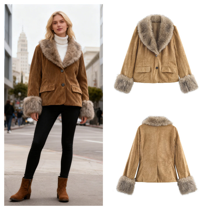 Women's short jacket made of faux suede with voluminous faux fur collar and fur cuffs Mune Fashion
