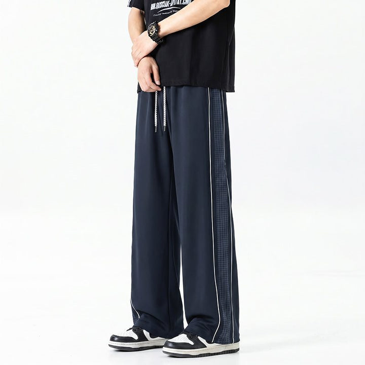 Men's Wide Track Pants in Oversize Cut with Drawstring and Side Plaid Pattern Stripe Mune Fashion