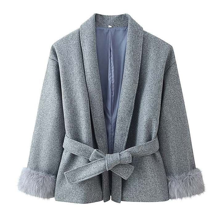 Women's wrap belt coat with shawl collar and faux fur cuffs Mune Fashion