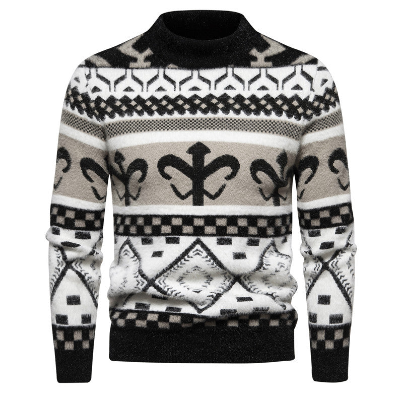 Men's fine-knit mock neck sweater with jacquard pattern and ribbed cuffs Mune Fashion