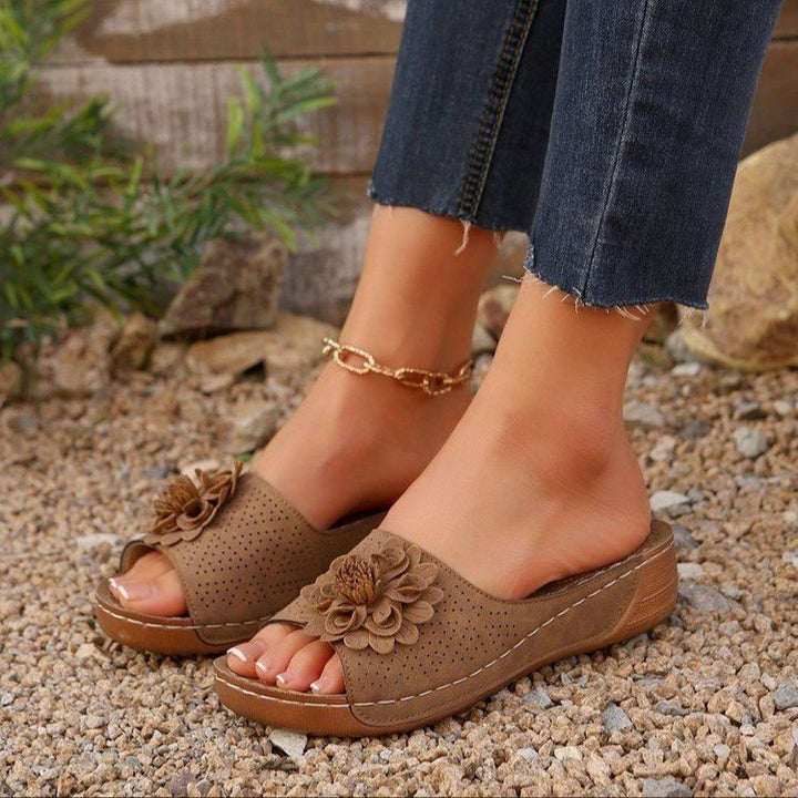 Women's Perforated Wedge Sandals as Slip-On with Flower Application and Padded Footbed Mune Fashion