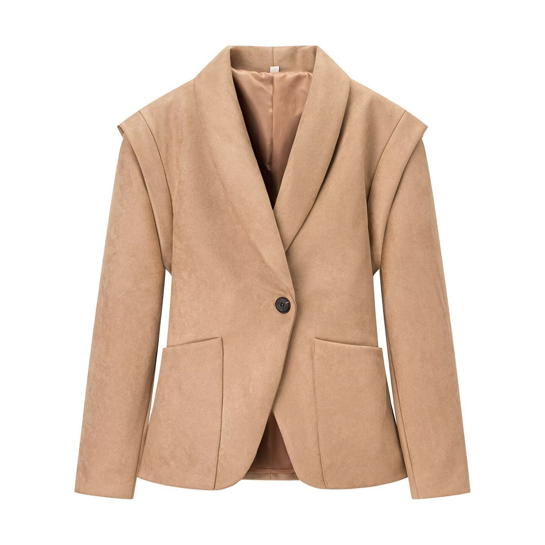 Women Oversize Velvet Blazer with Shawl Collar, Single Button Closure and Patch Pockets Mune Fashion