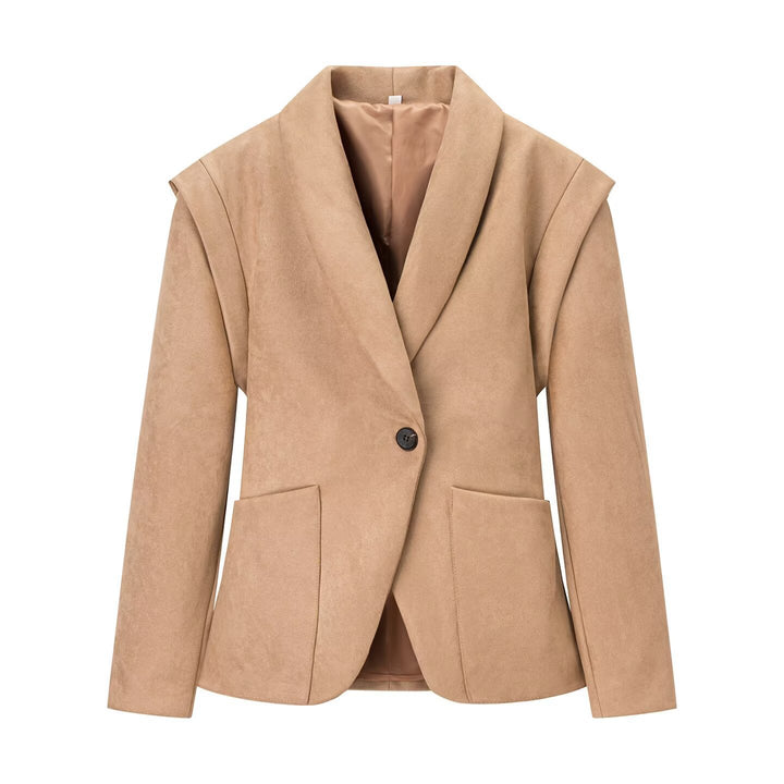 Women Oversize Velvet Blazer with Shawl Collar, Single Button Closure and Patch Pockets Mune Fashion
