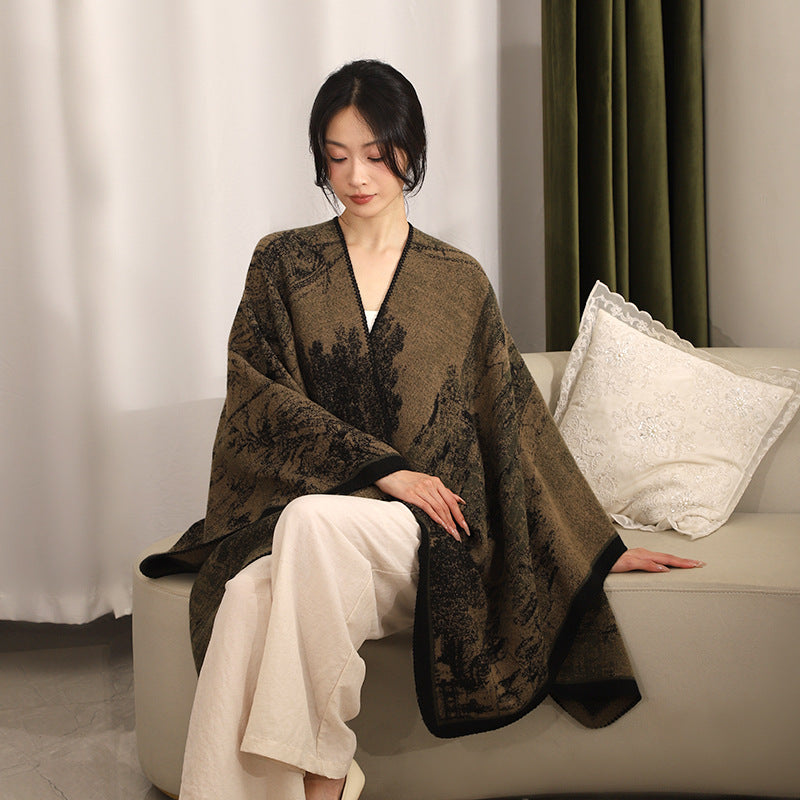 Women’s jacquard knit cape with textured woven look and open front Mune Fashion