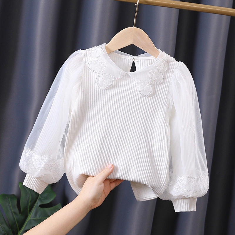Girls blouse with lace accents and sheer sleeves Mune Fashion
