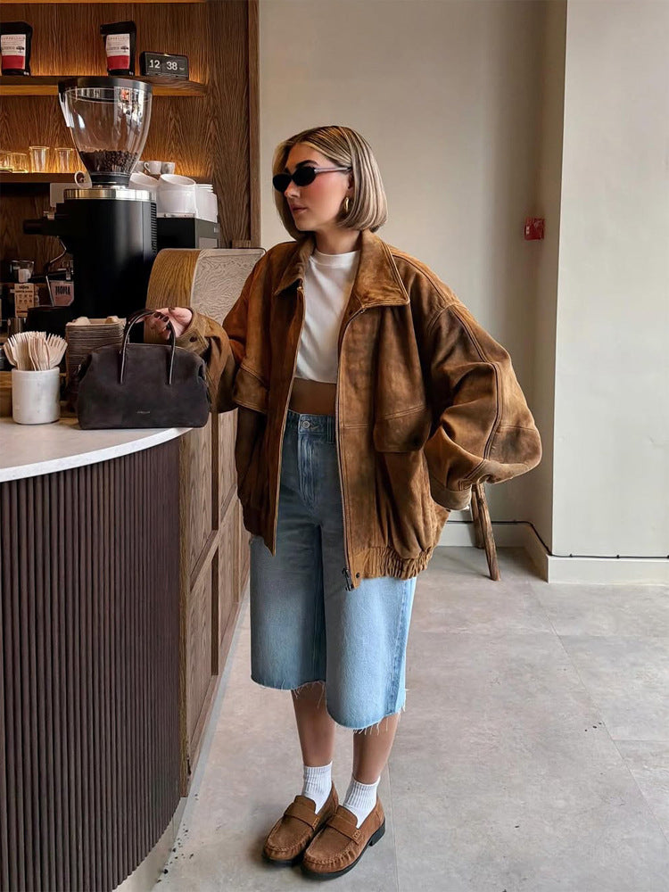 Ladies Oversize Suede Bomber Jacket with Elastic Hem Mune Fashion