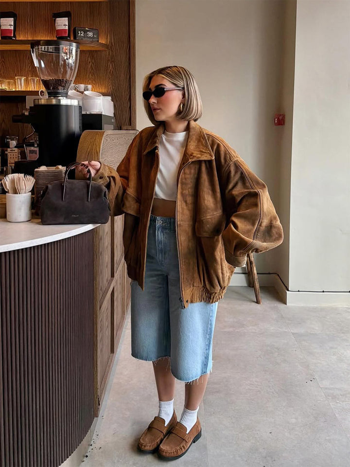 Ladies Oversize Suede Bomber Jacket with Elastic Hem Mune Fashion