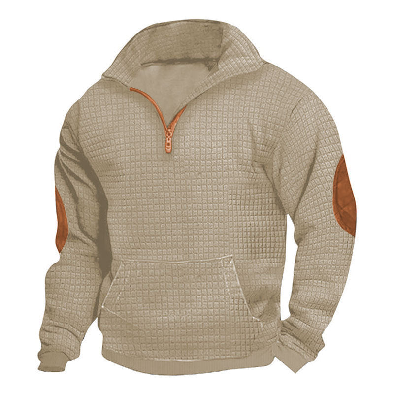 Men's thermo-regulating waffle knit half-zip pullover with kangaroo pocket and faux leather elbow patches Mune Fashion