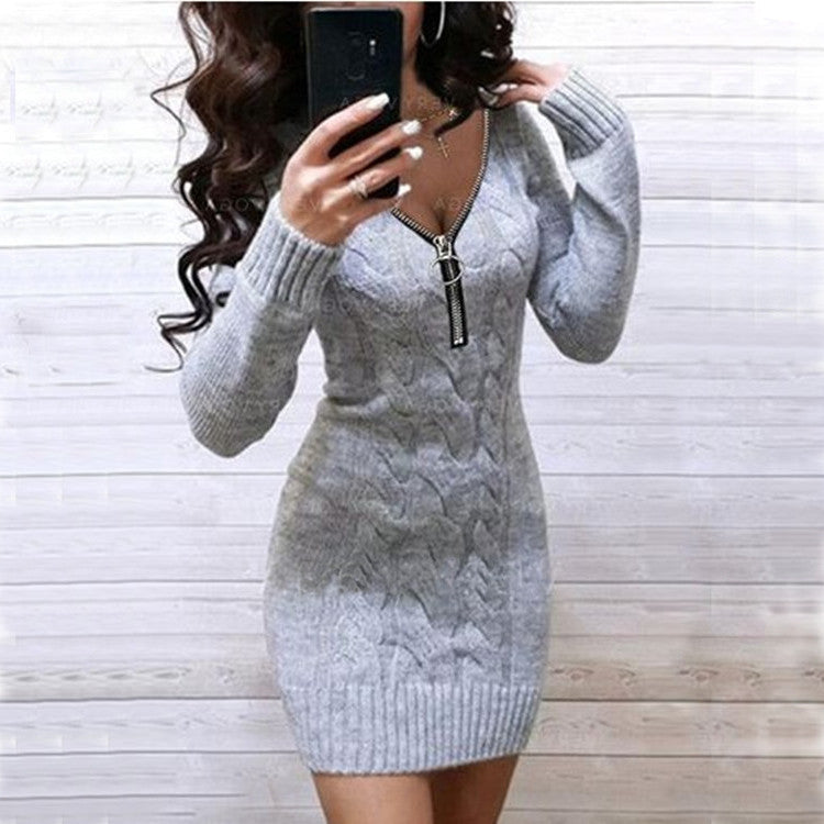 Ladies Knit Dress with Zipper and Cable Pattern Mune