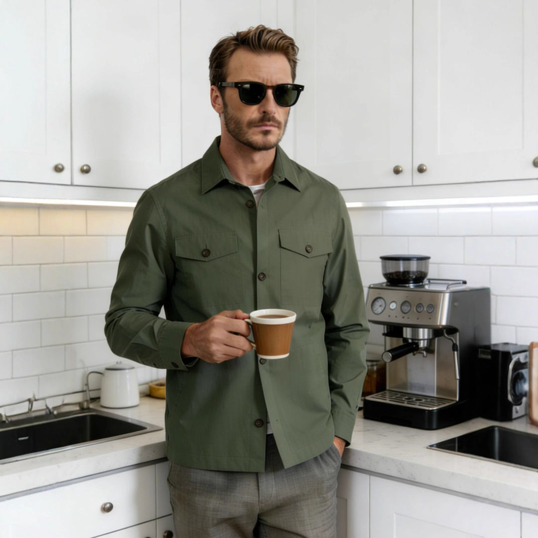 Men's Overshirt Shirt Jacket with Flap Pockets and Classic Shirt Collar Mune Fashion