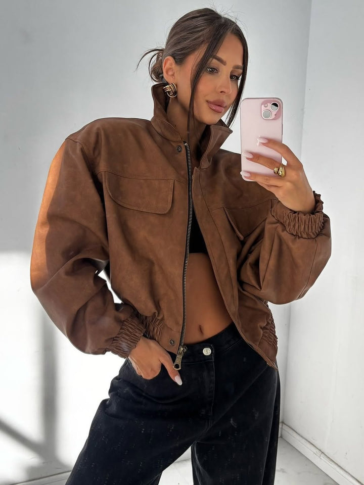 Women short cut faux leather jacket with patch chest pockets Mune Fashion