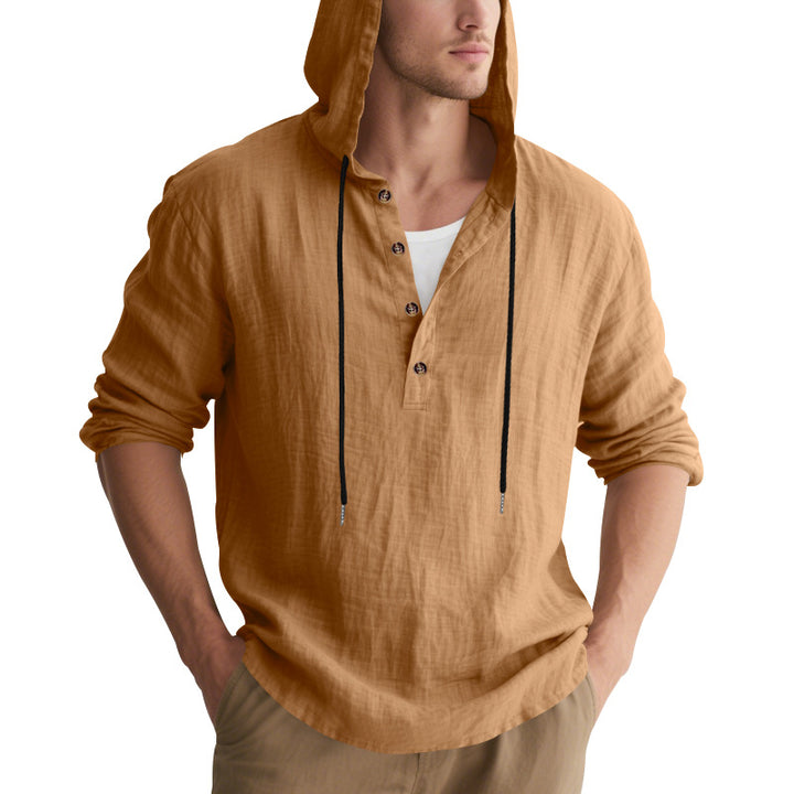 Men's casual linen henley with hood, drawstring and three-button placket Mune Fashion