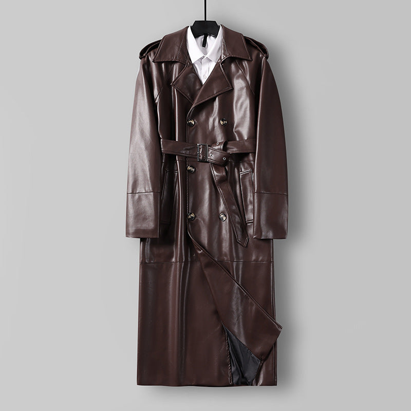 Men's Long Faux Leather Trench Coat with Double Breasted, Belted Waist and Epaulettes Mune Fashion