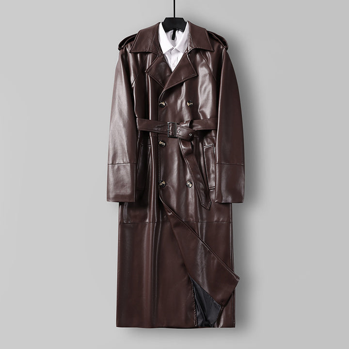 Men's Long Faux Leather Trench Coat with Double Breasted, Belted Waist and Epaulettes Mune Fashion