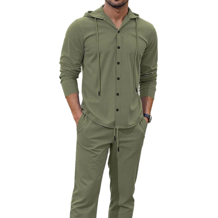 Men's casual two-piece lounge set with hoodie shirt, full button placket, and drawstring pants Mune Fashion