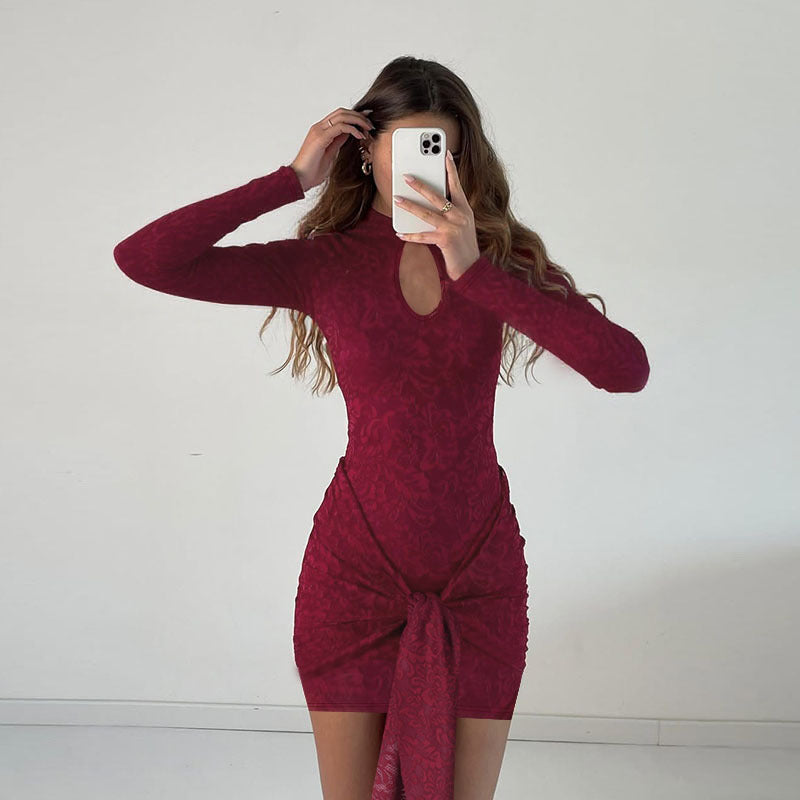 Women Tailored Jacquard Mini Dress with Draped Knot and Long Sleeve Mune Fashion